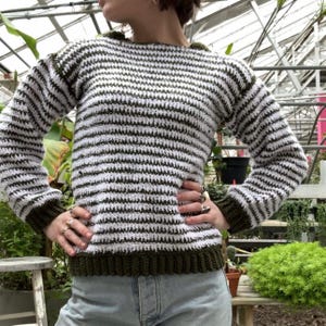 May include: A green and white striped sweater with long sleeves and a round neckline.