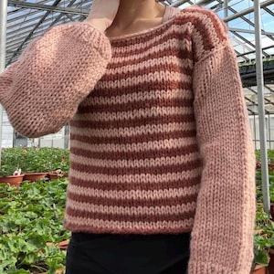 HANDMADE KNITTED SWEATER! Pink and red striped wool blend knit sweater. Square neck! Size children’s large or adult extra small! wool blend!