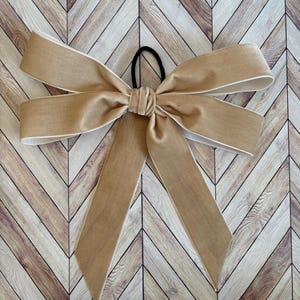 Puede incluir: Un gran lazo de terciopelo marrón con ribete blanco. El lazo está atado con una goma elástica negra para el pelo.