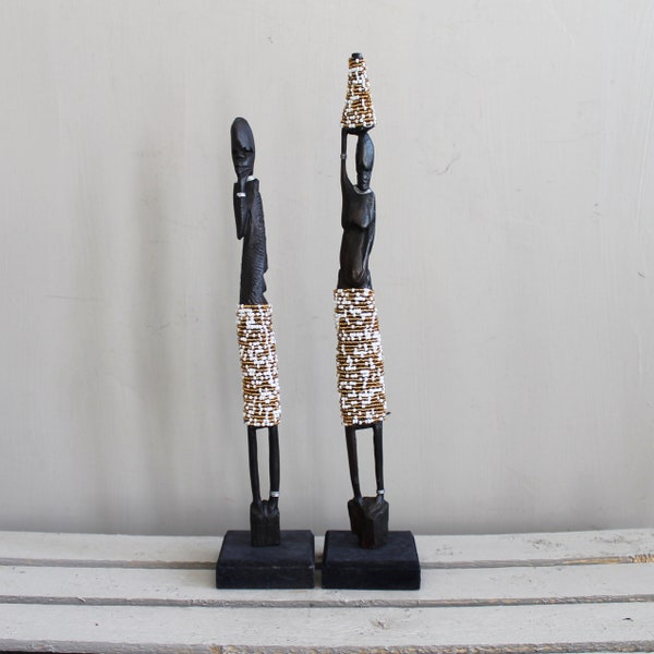 NEED   13'' Africa Beads Sculpture Malawi Hand Carved Wood Figurines African Gold And White Beaded Couples Statues Housewarming Gift