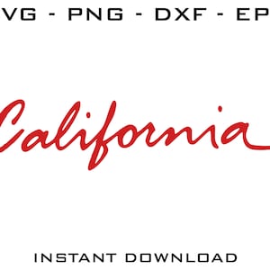 May include: Red cursive text that reads "California" on a white background. The text is in a handwritten style.