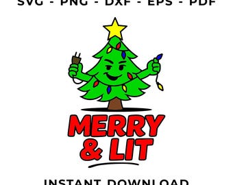 Merry & lit tree design svg, funny holiday cut file, cricut silhouette, png dxf eps pdf