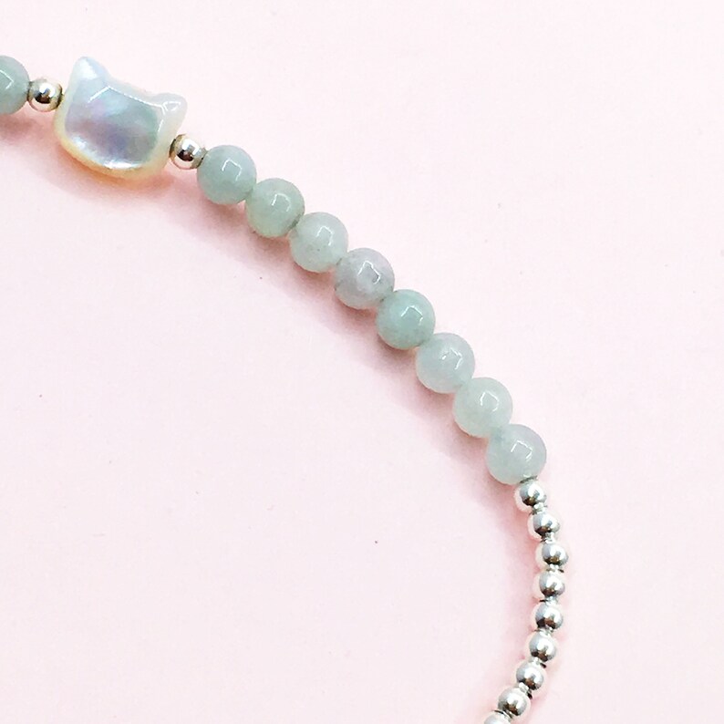 Jade Silver Bracelet Cat Charm bracelet Silver Cat Bracelet Cat Bracelet Cat Lady Gift Jade Bead Bracelet