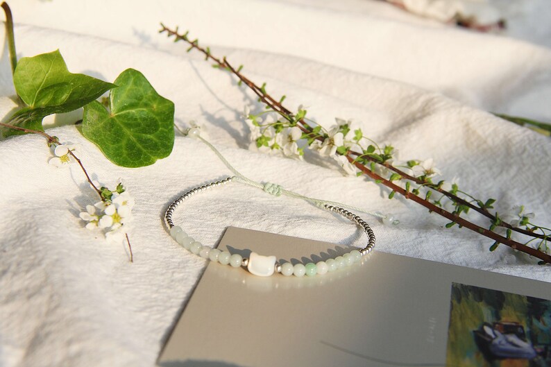 Jade Silver Bracelet Cat Charm bracelet Silver Cat Bracelet Cat Bracelet Cat Lady Gift Jade Bead Bracelet