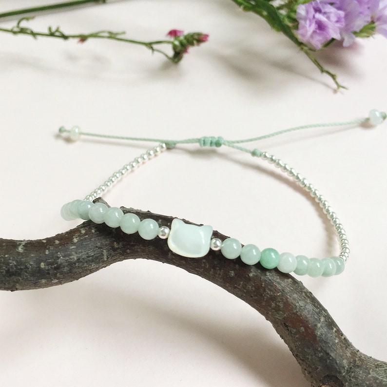 Jade Silver Bracelet Cat Charm bracelet Silver Cat Bracelet Cat Bracelet Cat Lady Gift Jade Bead Bracelet