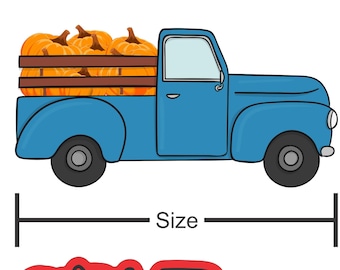 Può includere: Un camioncino vintage blu con un cassone di legno pieno di zucche arancioni. Il camioncino è su uno sfondo bianco con una linea nera e la parola "Dimensione" sotto.