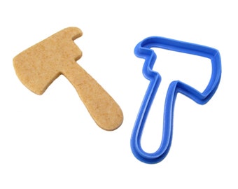 May include: A blue plastic cookie cutter shaped like an axe. A cookie cut out in the shape of an axe is shown next to the cutter.