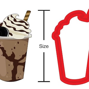 May include: A brown and white milkshake with a chocolate cookie and whipped cream topping. A red outline of a milkshake glass is shown next to it.
