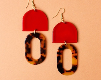 Ginger Earrings, Acrylic Acetate Tortoiseshell Red Earrings