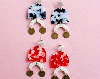 Stackers Earrings, Acetate Acrylic & Raw Brass Earrings, Red/White or Black/White Marbled