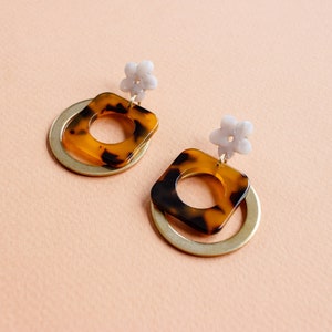 Flower Power Earrings, Acetate Acrylic & Raw Brass Earrings image 1