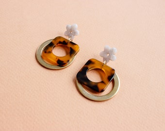 Flower Power Earrings, Acetate Acrylic & Raw Brass Earrings