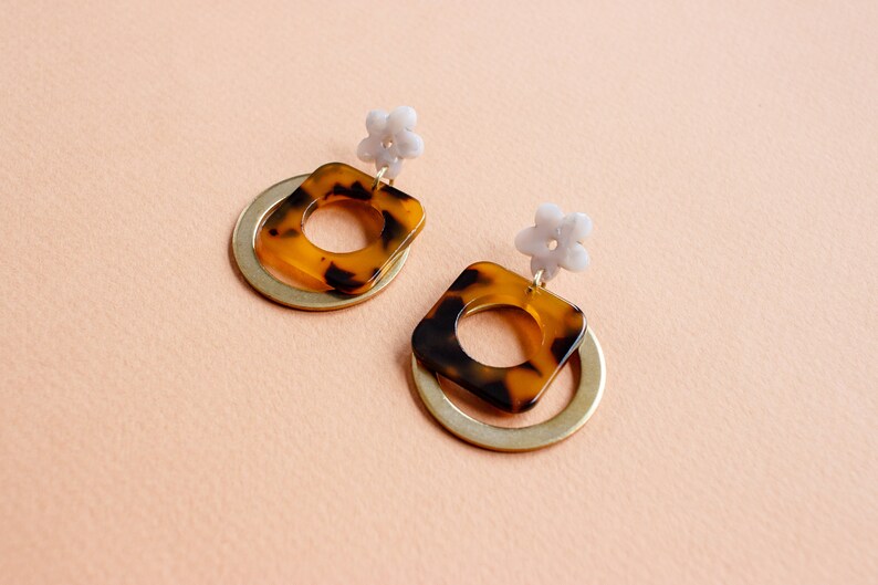 Flower Power Earrings, Acetate Acrylic & Raw Brass Earrings image 1