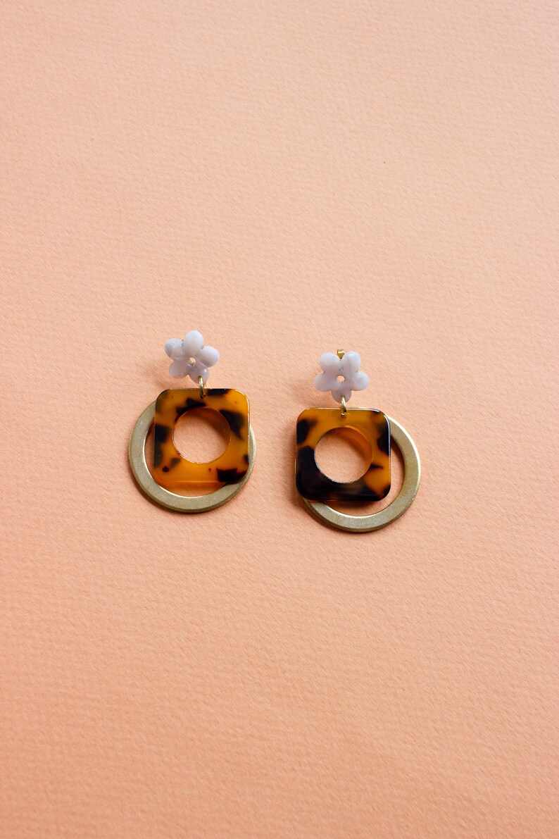 Flower Power Earrings, Acetate Acrylic & Raw Brass Earrings image 3
