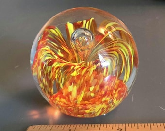 Orange Yellow Blown Glass Paperweight - Control Bubble Blooming Petals - Art Glass 2 Inches Tall -