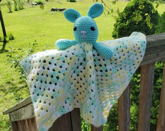 Rabbit Bunny Lovey Crochet Hug Me Bunny Blanket - Handmade Comfort Blanket - Security Blanket
