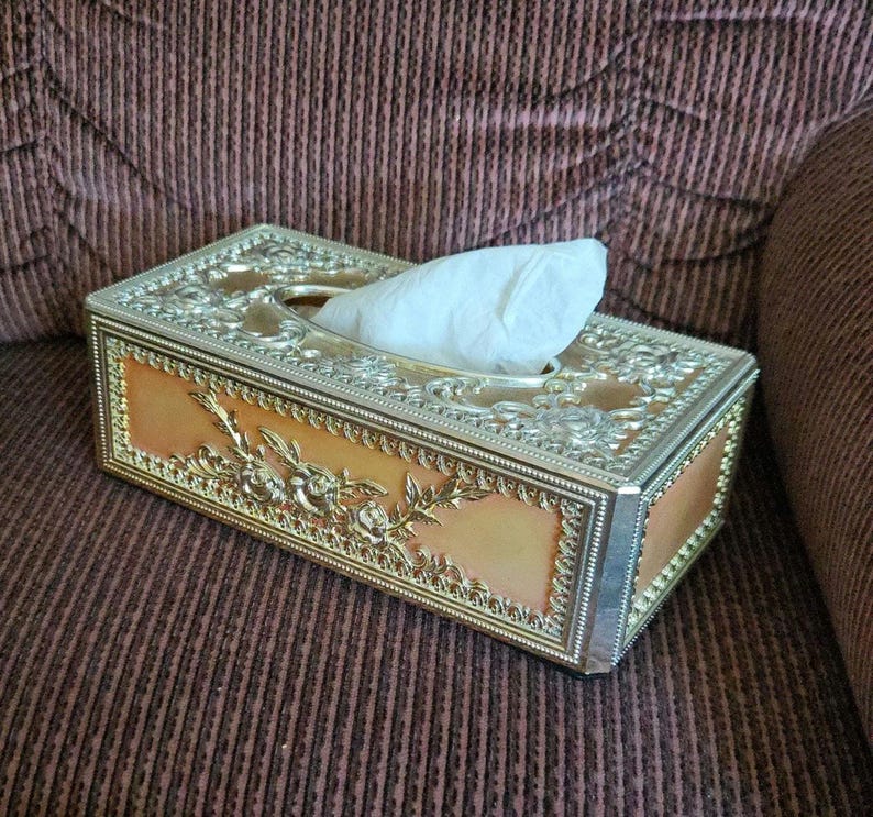 Gilded Floral Tissue Box Cover – Peach Fabric Inlay, Gold Tone