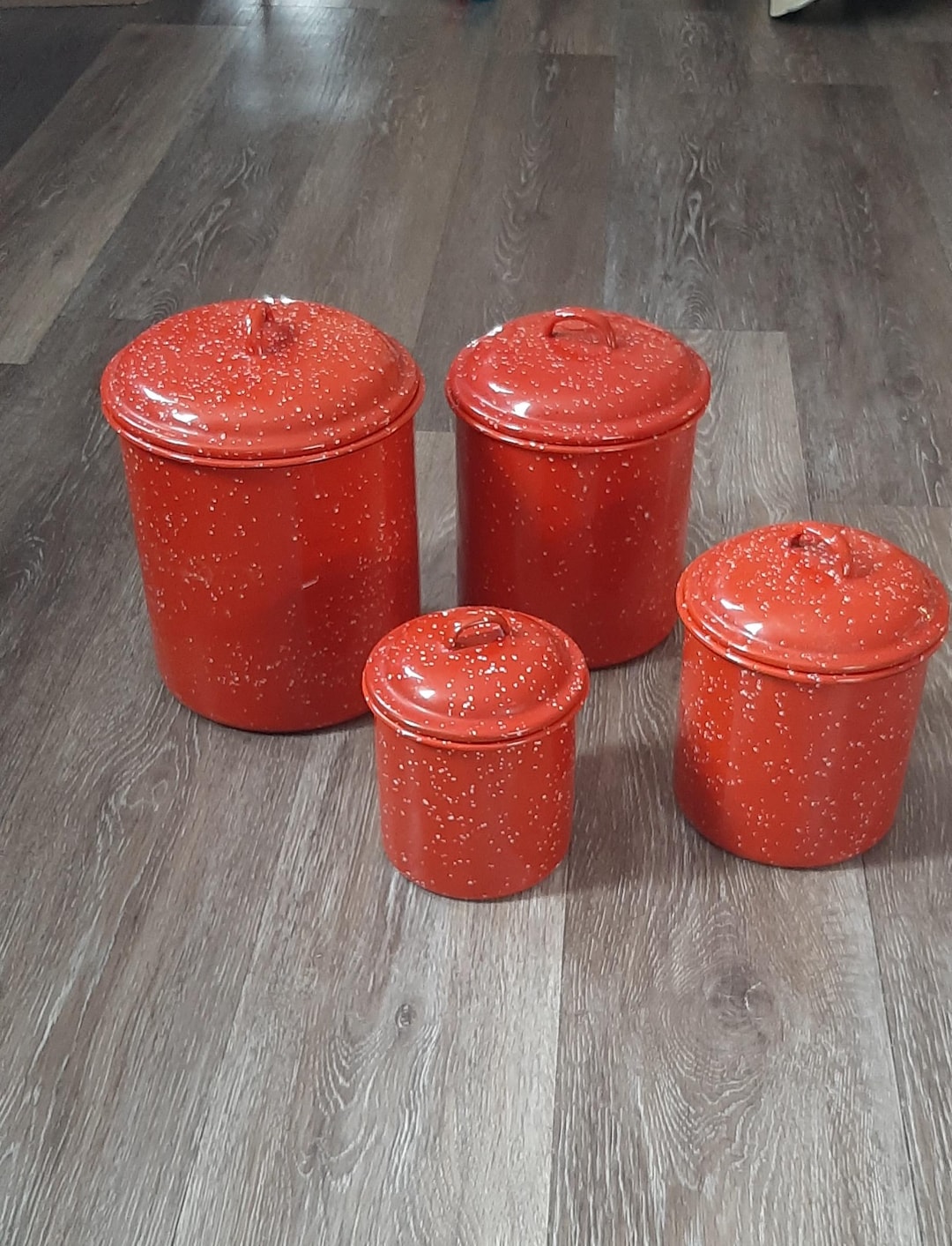 Red Speckled Nesting Canister Set of 4 Tin Handles Flour Sugar Tea ...