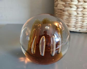Blenko Amber Paperweight Elongated Bubble  - Art Glass LARGE 3 Inches Tall