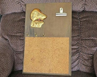 Mushroom Kitchen Message Board and Key Holder - Cork board - 3 Hooks For Keys