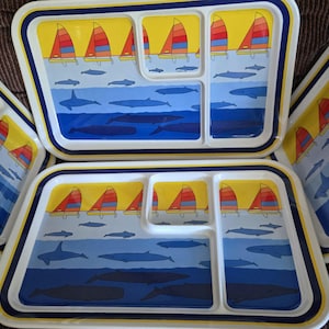 Beachy Oneida Melamine Trays – Seaside Sailboat Whale Design, Set of 4 - Divided Lunch Trays