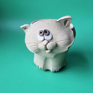 May include: A whimsical, off-white ceramic cat planter with large, expressive eyes and a textured surface. The cat's face features a detailed nose and whiskers, creating a charming, handcrafted appearance. The planter is designed to hold small plants or succulents.