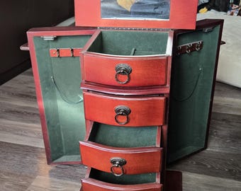 Huge Jewelry Armoire Freestanding - Cherry red Wood - 4 Drawer - 2 Side doors - Mirror Ring Chest Opening