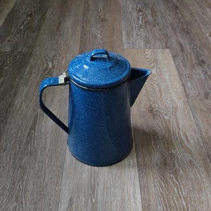 Vintage Blue Enamelware Coffee Pot Percolator 7 Cup - Stainless - Made USA Camp Fire