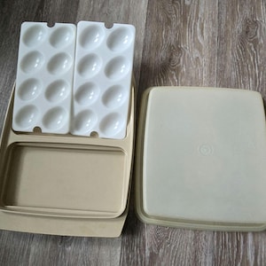 Tupperware Deviled Egg Carrier with egg inserts -Tan  color Holiday Party Picnic 723-1 Party Tray
