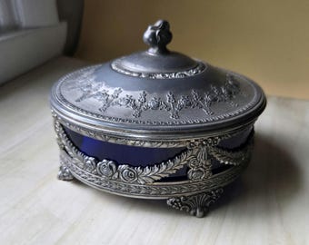 Japan Cobalt Blue Covered Dish MCM - Silver Lid and Holder Trinket Dish Hollywood Regency - Candy