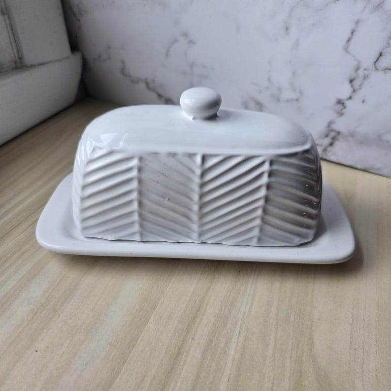 Geometric Butter Dish - Rectangle - White Ceramic - Clean lines and Angles