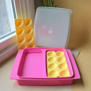 May include: A pink plastic container with a yellow insert and a separate yellow tray. The container has a white lid. The yellow inserts have oval-shaped indentations. The items are on a light-colored surface.