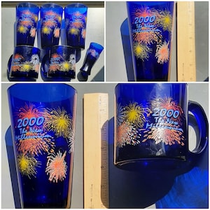 Cobalt Blue Libbey Glasses Set of 6 - 3 Tumbler - 2 coffee Mug - 1 shot glass - Y2K - Made in USA