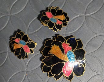 Cloisonne Floral Clip On Earrings and Scarf Clip - Gold Tone, 3-Piece Set