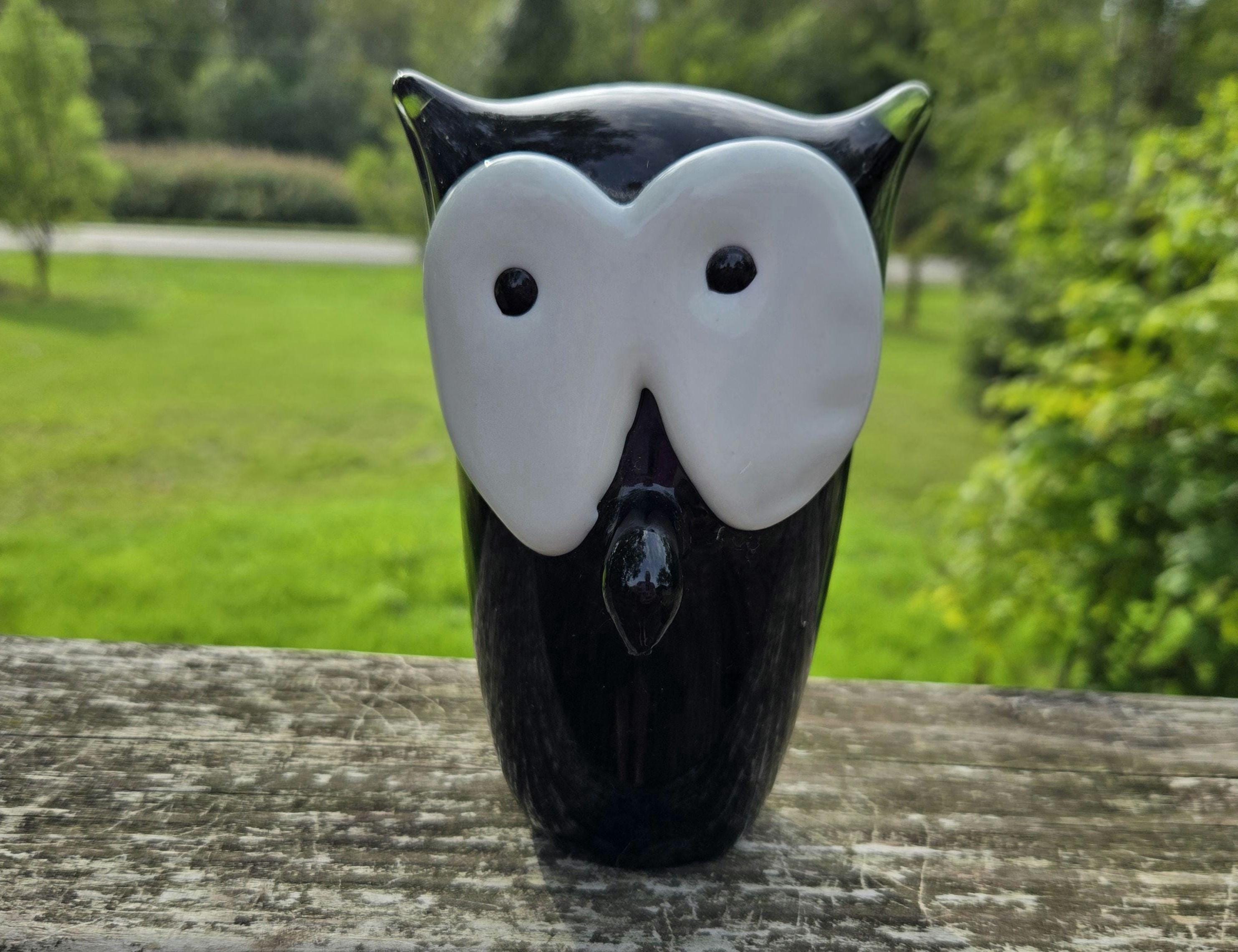Owl Blown Glass Paperweight - Vintage - 6in tall - Black and White Art Glass