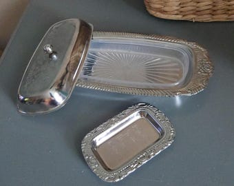 Metal Butter Dish with Lid And Bonus Butter Pat Holder - 4 Piece set Art Deco - Made in USA - Simple elegant