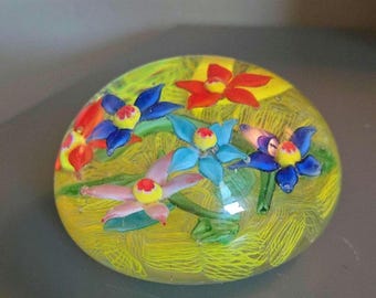 Millefiori Yellow Basket Glass Paperweight - Yellow Woven Glass with Orange Green Yellow Flowers Unique pedal floral style -