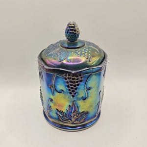 Blue Indiana Glass Carnival Glass Candy Jar - Harvest Grape Lidded Canister - Iridescent Ginger Jar