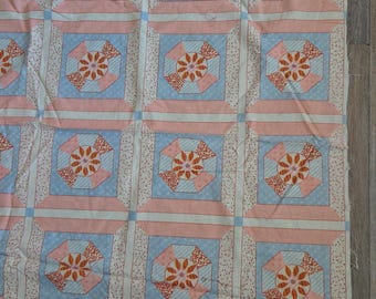 1960s Geometric Cheater Quilt Fabric – Peach Blue Blocks, Cut and Sew (72x41 inches)