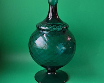 Blue Empoli Glass Footed Apothecary Jar - MCM Rare Hand Blown Italian Glass Decor