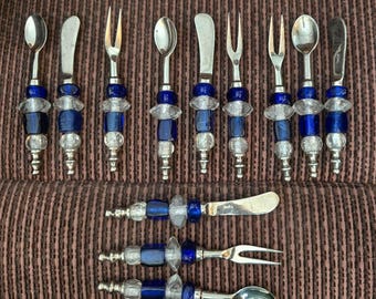 Cobalt Blue Glass bead Flatware - 12 Pieces - Spoons Forks knives - Chunkie Glass Art Cutlery