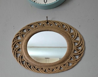 Oval Mirror Faux Wicker - Woven Frame Can be hung Vertical or Horizontal - Tan Beachy Decor - Bombay Style