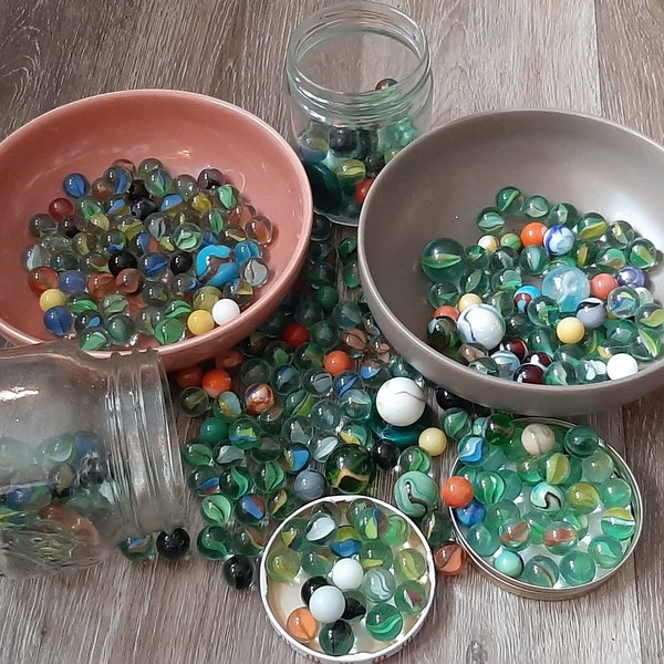 Mystery lot of 30 Vintage Marbles red blue tiger eye