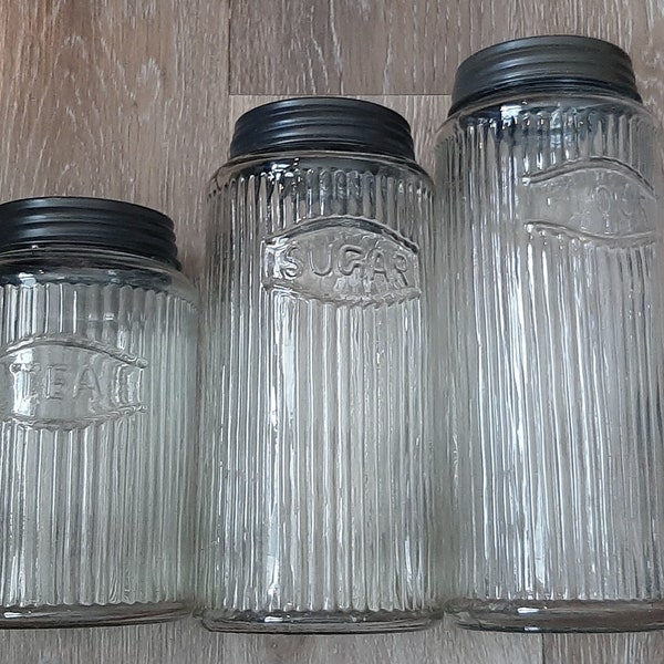 Vintage Glass Set 3 Ribbed Tall Canisters Flour Tea Sugar Tin Lids