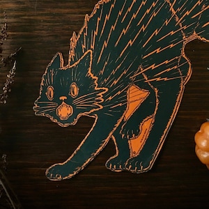 decoración vintage de halloween - 1920's Beistle troquelado electrificado gato negro - retro clip art descarga digital imagen instantánea imprimible 400 dpi