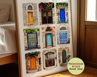 Doors of Palestine Art Print – Palestinian Cities Architecture Arab Poster Painting