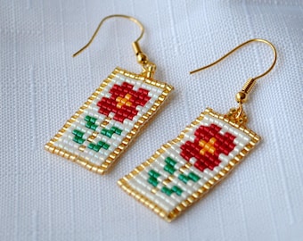 Handwoven Palestinian Beaded Tatreez Earrings - Stainless Steel 18k Gold Plated - Palestine Flower motif