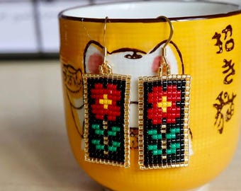 Handwoven Palestinian Beaded Tatreez Earrings - Stainless Steel 18k Gold Plated - Palestine Flower jewelry motif