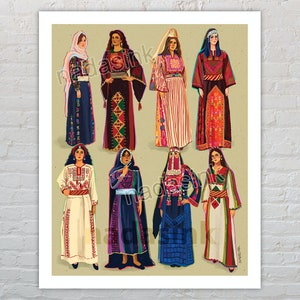 May include: Illustration of eight women wearing traditional clothing from different cultures. The women are wearing colorful dresses, head coverings, and jewelry. The illustration is set against a beige background.