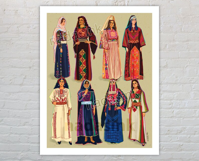 May include: Illustration of eight women wearing traditional clothing from different cultures. The women are wearing colorful dresses, head coverings, and jewelry. The illustration is set against a beige background.